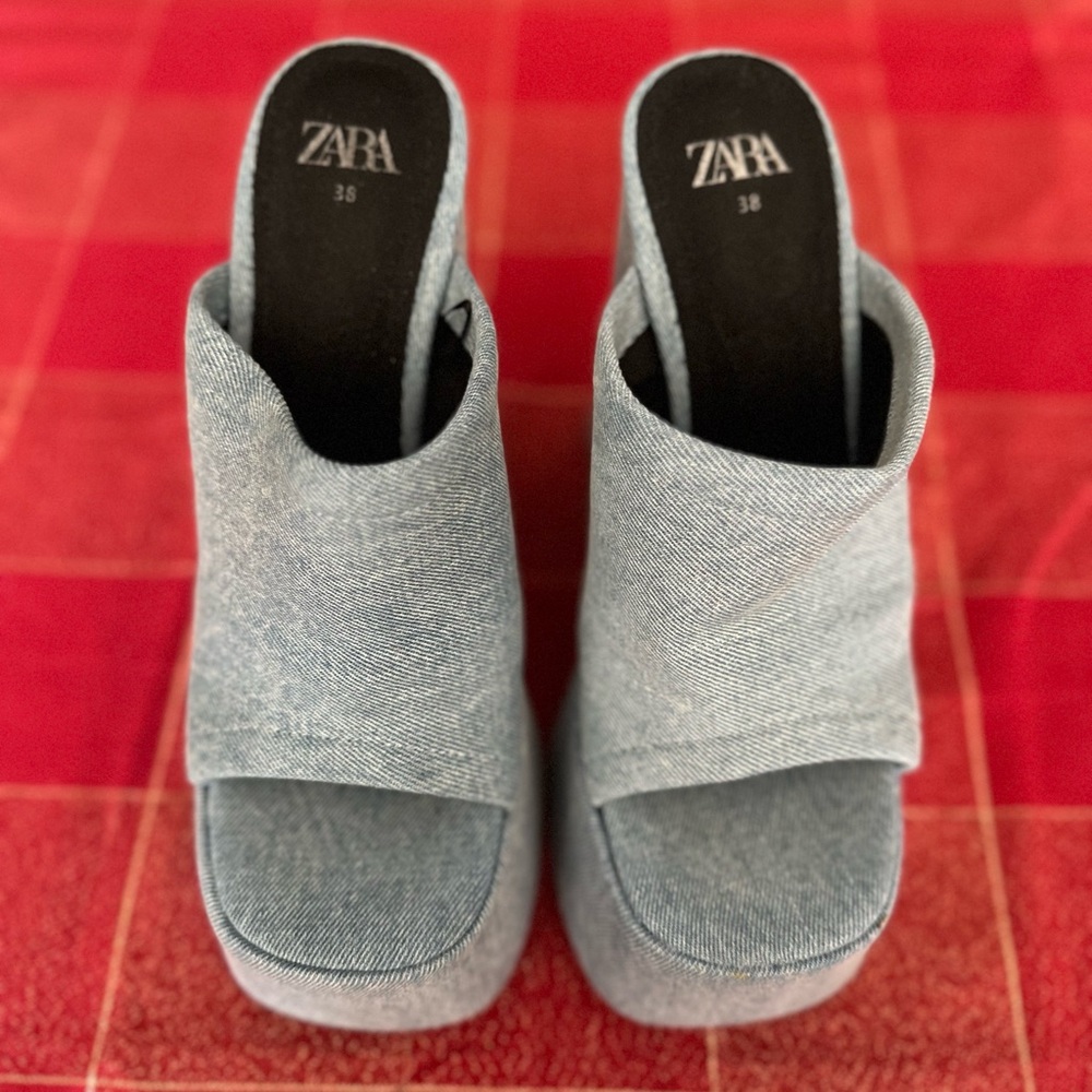 Zara Women's Blue Denim Platform Mules